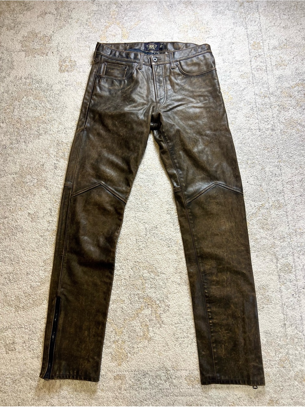 RRL Ralph Lauren Slim Narrow Fit Leather Pants Men’s 32 Distressed Brown Moto